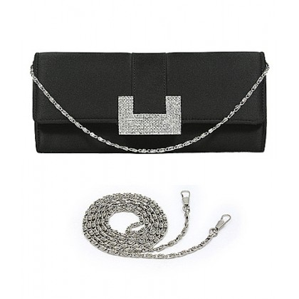 Evening Bag - 12 PCS - Satin w/ Rhinestone Buckle Closure - Black - BG-EBS1142BK